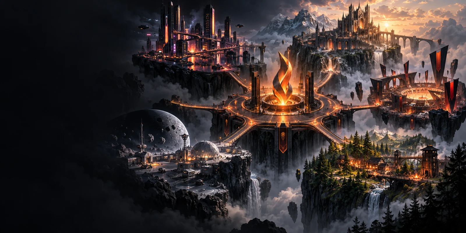 Concept illustration of five distinct gaming worlds connected by an orange Torch beacon